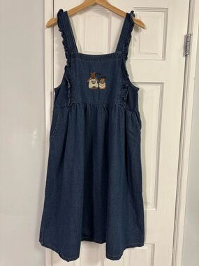 Cute Denim Ruffle Strap Dress Embroidered Cottagecore A-Line Pockets